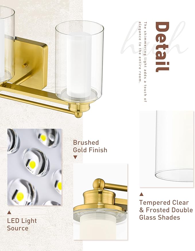 3-Light Bathroom Vanity Light, HWH Brushed Gold Bathroom Light Fixtures Antique Brass Vanity Light with Clear Glass,18W Dimmable LED Vanity Lights 5CCT, 5HLT63B-3W-LED BG