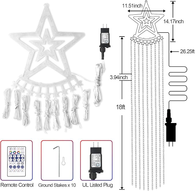 Smart 4th of July Decorations Lights, 18ft 521LED Large DIY Red White Blue Waterfall Tree Lights with Remote Timer Color Changing Light Music Sync APP Control for Garden Yard Patriotic Decor