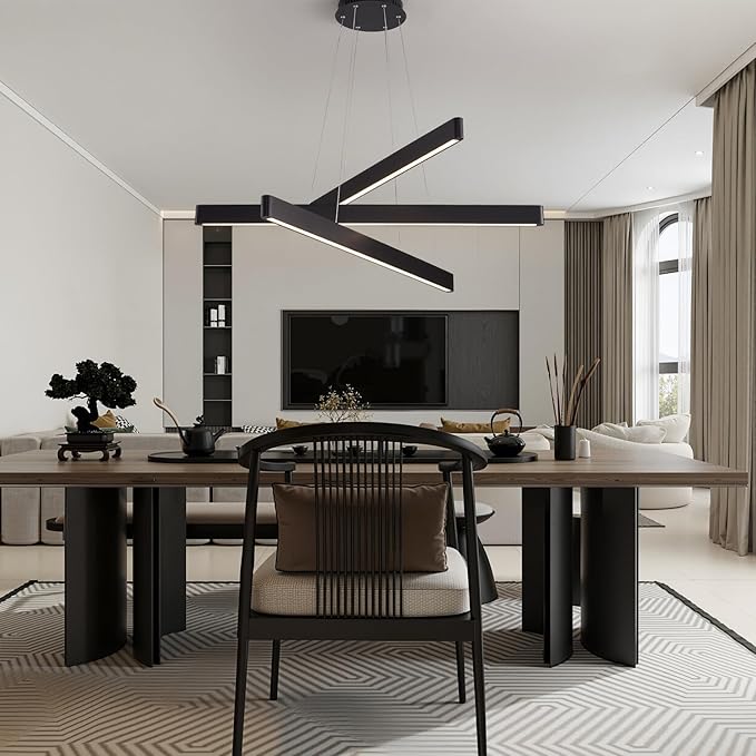 YISDESIGN 3-Light Solid Wood Black Linear Pendant Light - Dimmable Modern LED Chandelier for Dining Room Table Kitchen Island Living Room Ceiling - 45W Warm Light Adjustable Hanging Fixture Black