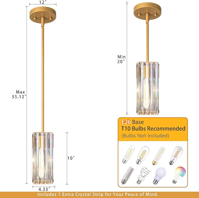 Crystal Pendant Lights for Kitchen Island - 10" Gold Adjustable Chandelier, Dimmable E26 Hanging Fixture, Modern Lighting for Dining 1pcs