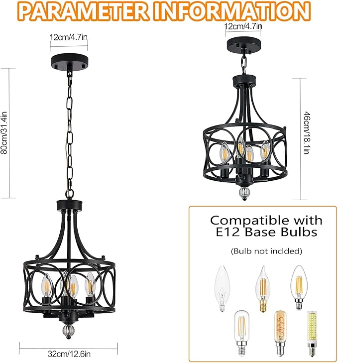 4-Light Chandelier,Round 11.2in,E12 Base - Black Metal Farmhouse Lantern Pendant Light Fixture,Adjustable Hanging Ceiling Lighting,for Kitchen Island,Bedroom,Entryway,Dining Room