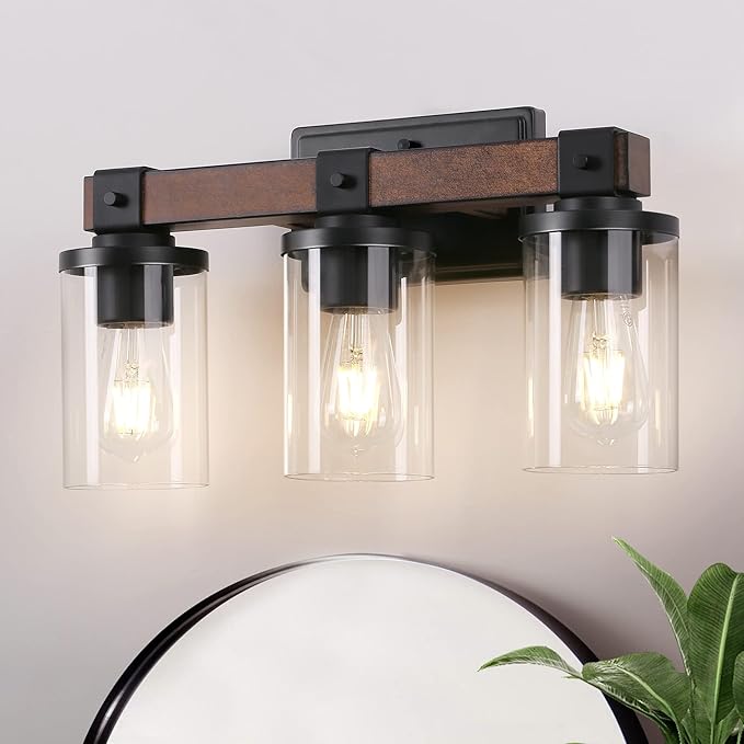 EDISHINE Farmhouse Vanity Lights for Bathroom, 3-Light Bathroom Vanity Lights Over Mirror, Wall Sconce with Clear Glass Shades for Vanity Table, Living Room(E26 Base)
