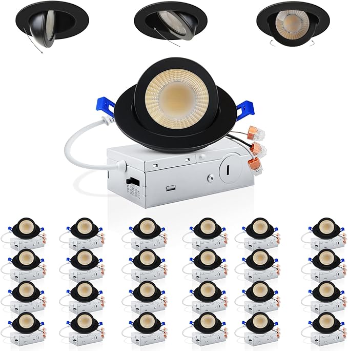 Adetu 3 Inch Gimbal Black Led Recessed Lighting, 360°+90° Adjustable Directional Led Recessed Lights, 2700K/3000K/3500K/4000K/5000K Dimmable Eyeball Canless Downlight with Jbox, ETL (Black,24 Pack)