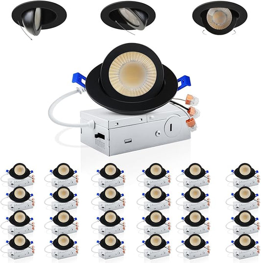 Adetu 3 Inch Gimbal Black Led Recessed Lighting, 360°+90° Adjustable Directional Led Recessed Lights, 2700K/3000K/3500K/4000K/5000K Dimmable Eyeball Canless Downlight with Jbox, ETL (Black,24 Pack)