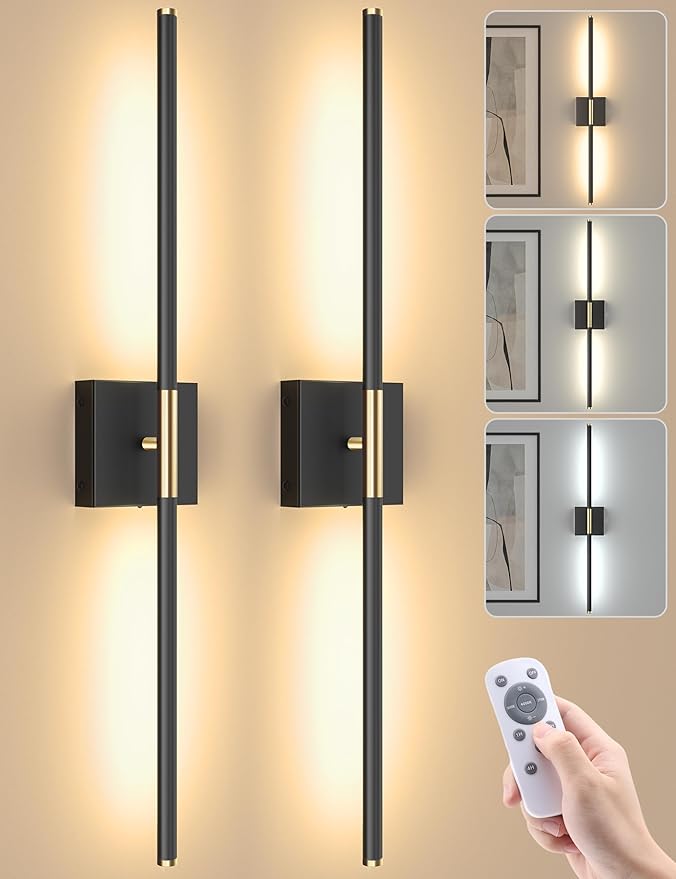 7800mAh Battery Operated Wall Sconces Set of Two, 34'' Rechargeable Wall Sconces with Remote, 360° Rotatable Battery Wall Sconce Decor, Wireless Wall Lights for Bedroom, Living Room(Black Gold)