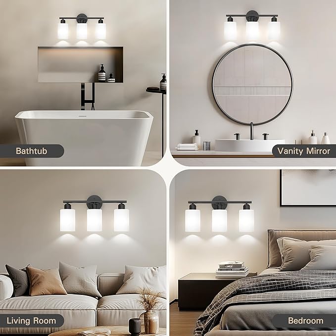Espird Bathroom Vanity Light Fixtures Matte Black Bathroom Lighting Fixture, 3 Lights Bathroom Light Fixture Over Mirror, Modern Vanity Light, Wall Sconces with Milky White Glass Shades