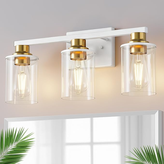 DORESshop 17 Inch Bathroom Light Fixtures, 3-Light White and Gold Bathroom Lighting Fixtures Over Mirror with Clear Glass Shade, Vanity Lights for Living Room Bedroom