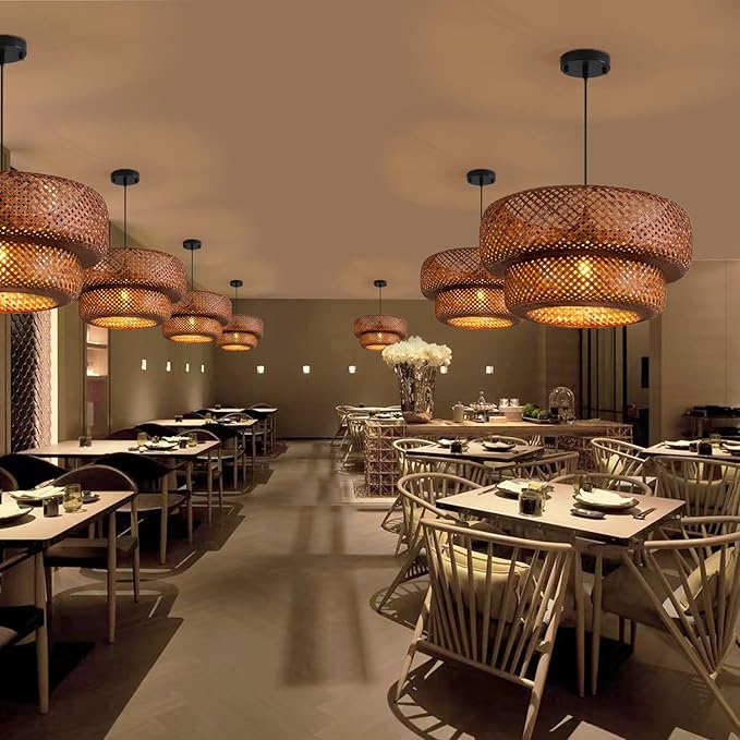 Bamboo Pendant Light,Dark Curry Boho Rattan Hanging Light,17.7" Hand Woven Wicker Chandelier for Kitchen Island for Kitchen Island Dining Bedroom Living Room Restaurants