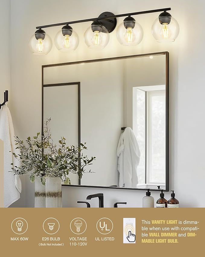 Emak 37 Inch Black Bathroom Light Fixtures Over Mirror, Modern 5-Light Vanity Lights with Clear Glass Shade, Farmhouse Globe Vanity Light for Bathroom, VL114-BK-CG-5