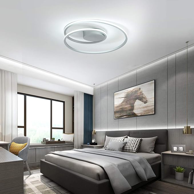 MADEM Room Decor Modern Ceiling Light, 20.5'' Dimmable LED Flush Mount Ceiling Light 47W LED Chandelier Close to Ceiling Light for Bedroom Living Room Dining Room, Silver