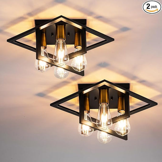 Semi Flush Mount Ceiling Light Fixture, 4 Light Industrial Ceiling Light,Black Frame & Gold Accent, Close to Ceiling Farmhouse Lighting for Kitchen, Bathroom, Bedroom, Hallway (E26,2-Pack)