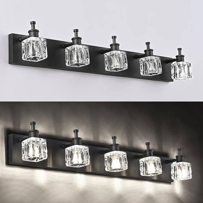 PRESDE Black Crystal Bathroom Vanity Light for Bathroom Modern 5 Light Vanity Lighting Fixtures