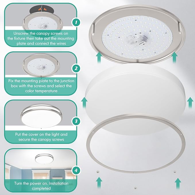 LED Flush Mount Ceiling Light Fixture, Dimmable 5CCT Selectable 2700K Warm White-6500K Super Bright Daylight White, 18 Inch 50W 6000LM Round Brushed Nickle Ceiling Lamps for Living Room Kitchen, 1PACK
