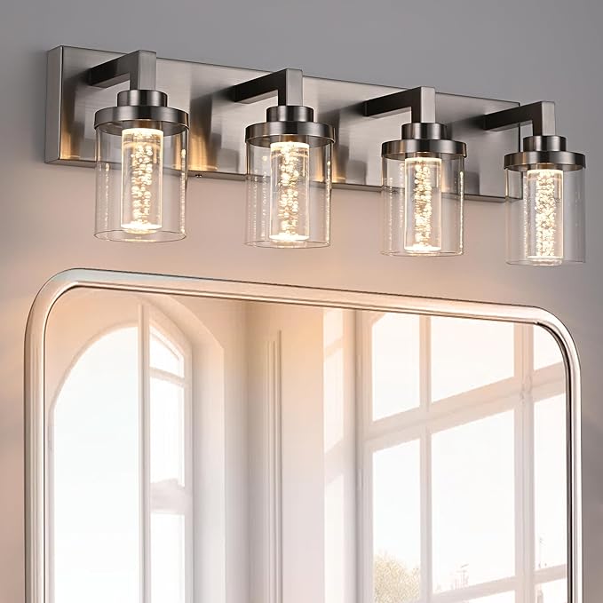 MELUCEE 4-Light Bathroom Lighting Fixtures Brushed Nickel, Dimmable LED Vanity Light for Bathroom 5CCT Bubble Crystal Bath Wall Lights with Clear Glass Shade, Built-in Led Chips