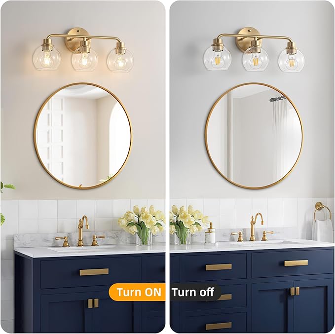 Bathroom Light Fixtures Gold Vanity Light 3 Light Wall Sconces Lighting Brushed Brass Lights with Clear Globe Glass Shades Bath Wall Lamp for Mirror Kitchen Living Room Bedroom Hallway
