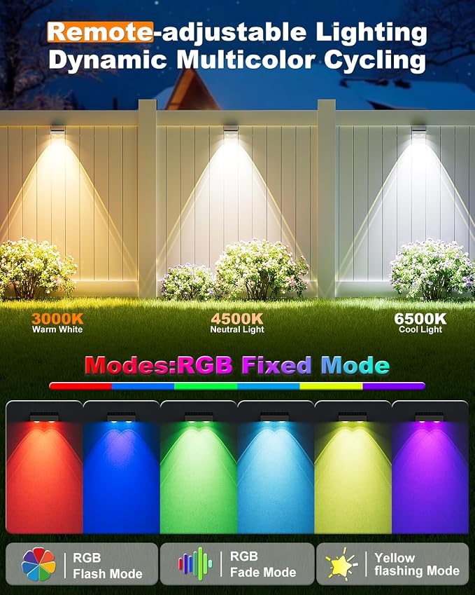 VOLISUN Solar Fence Lights with Remote Control, 50 Lumen LED Fence Lights Solar Powered, IP65 Waterproof, 10 RGB Color Long-Lasting Solar Lights for Backyard Garden Deck Patio Railing (12 Pack)