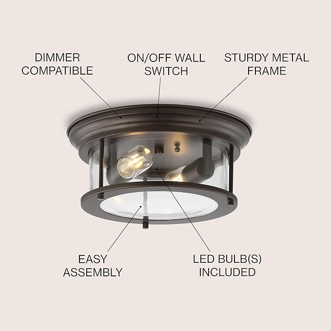 JONATHAN Y 13.25" Oil Rubbed Bronze/Clear 2-Light LED Flush Mount Ceiling Light Fixture, Modern Clear Glass Drum Shade, Industrial Farmhouse Lighting for Kitchen Hallway Bedroom (JYL7446B)
