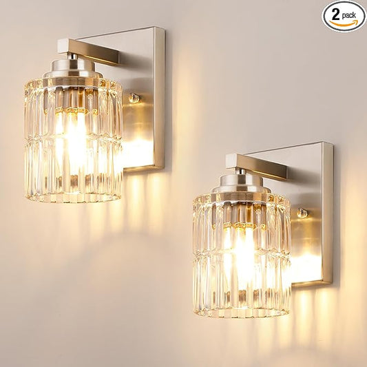 TALOYA 4 Inch Bathroom Light Fixtures,Modern,Set of 2 Light Brushed Nickel Vanity Lights with Wide Vertical Ribbed Thickened Glass Shade for Mirror Makeup Room Hallway（Bulbs Not Included）