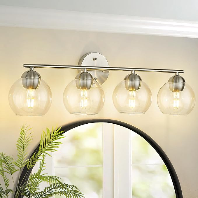 Emak mak 4-Light Bathroom Vanity Light, 29 Inch Brushed Nickel Bathroom Light, Globe Vanity Lighting with Clear Glass Shade for Bath, VL114-BN-4