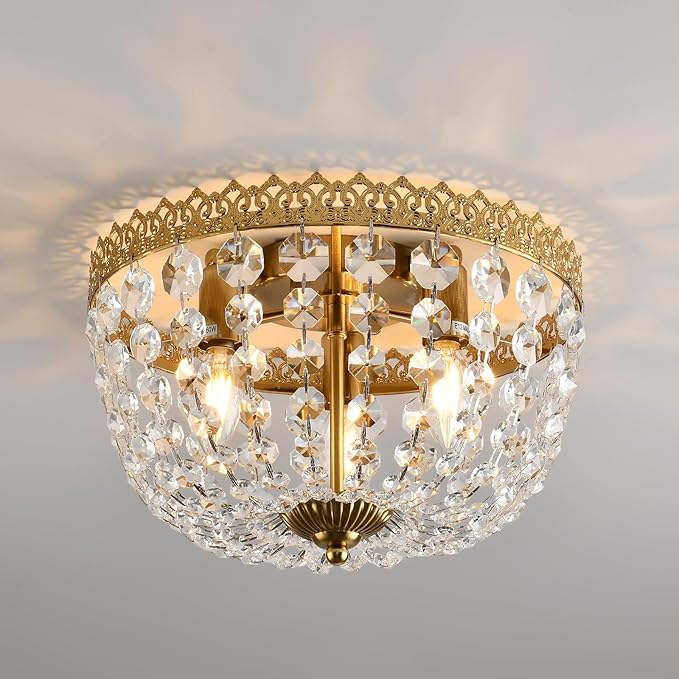 Crystal Flush Mount Ceiling Light Fixture 3 Lights French Empire Chandeliers Lighting for Dining Living Room Foyer Kitchen Bedroom Hallway Entryway,Brushed Brass Finish,W12.6 inch X H8.27inch