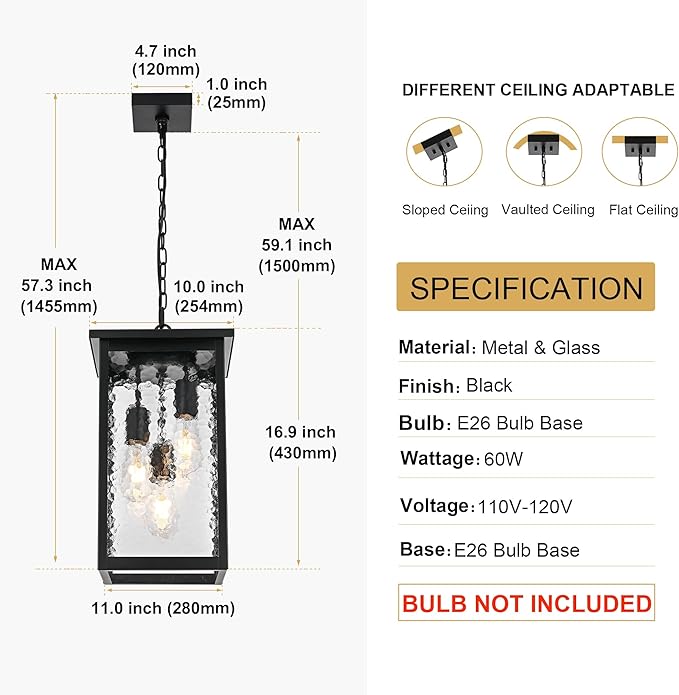 TODOLUZ Large 3-Light Outdoor Pendant Light Fixture, Exterior Hanging Porch Lighting with Hammered Glass, Adjustable Long Chain & E26 Bulb Base