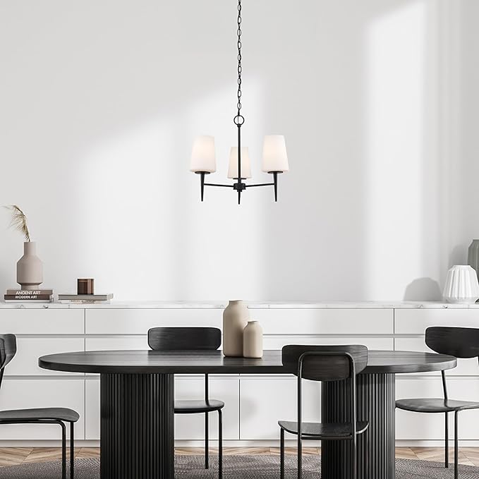 Montgomery 3-Light Chandelier | Black Finish with White Frosted Glass Shade | Adjustable Hanging Height to 82.75" | Uses E26 Medium Base Bulb