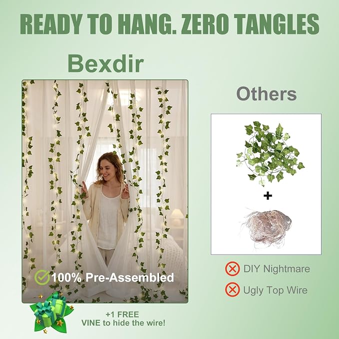 Bexdir 200 LED Curtain Vine Lights for Bedroom Decoration, 6.6x6.6ft Pre-Assembled Hanging Fake Vines with Fairy Lights USB Powered, Aesthetic Artificial Ivy Lights for Room Wall Decor