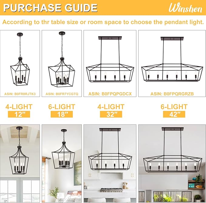 6-Light Kitchen Island Lighting, Farmhouse Dining Room Rectangle Chandelier, Hanging Pendant Light Fixture Over Table for Living Room, Oil Rubbed Bronze & E12 Bulb Base