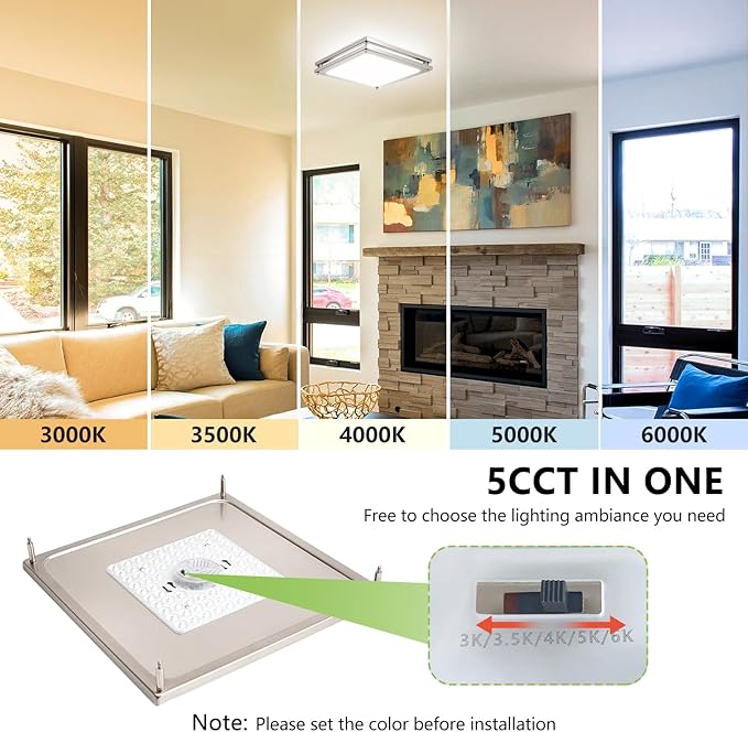 Square Ceiling Light Fixture - 36W 3000K/3500K/4000K/5000K/6000K Adjustable Flush Mount Led Light for Bathroom Bedroom Kitchen Hallway (8 Pack Brushed Nickel (5CCT), 12 Inch)