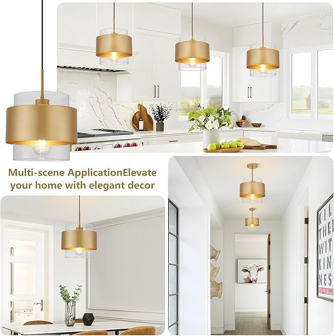 9.8" Gold Pendant Lights Kitchen Island, Farmhouse Pendant Lighting with Clear Glass Shade, Industrial Hanging Pendant Lights Fixture for Kitchen Island Dining Room Hallway
