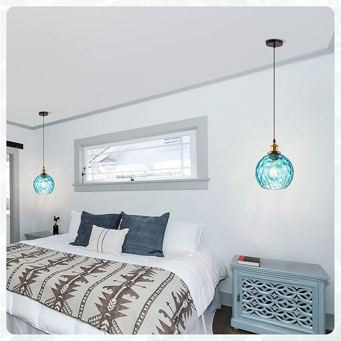 Blue Pendant Light Coastal Pendant Lighting Nautical Pendant Light with 7.8" Hammered Glass Globe 1-Light Chandelier Hanging Light Fixtures Ceiling Mount for Kitchen Island Bedroom Dining Room