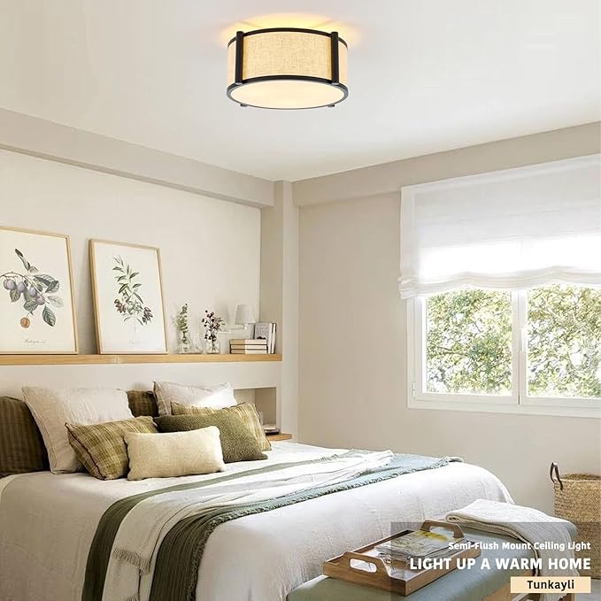 13" Semi Flush Mount Ceiling Light Modern 3-Lights Black Drum Ceiling Light Fixture with Fabric Linen Shade, Vintage Modern Ceiling Lighting for Laundry Room, Kitchen, Basement, Bedroom