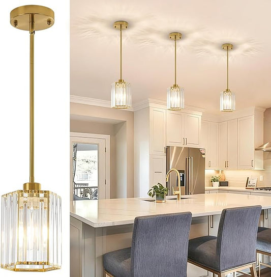 Gold Pendant Light Kitchen Island, Modern Crystal Kitchen Island Lighting, 1-Light Hexagonal Kitchen Hanging Lights for Island, Dining Room, Hallway, Foyer, Entryways