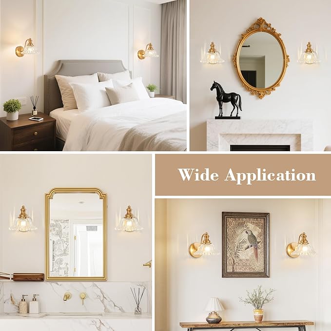 Vintage Wall Sconce Light, Gold Brass Bathroom Sconces Wall Lighting, Antique Wall Light Fixture with Clear Flower Glass Shades, Indoor Wall Sconces for Living Room Bedroom, 1-Light Wall Lamp