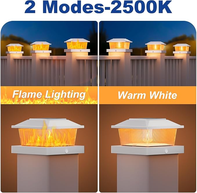 APONUO Solar Post Cap Lights with Flickering Flame & Warm White, 6-Pack for 4x4 Wood/ 5x5 Vinyl Posts, Solar Powered Deck & Fence Lights, Auto On/Off, IP65 Waterproof, Glossy White