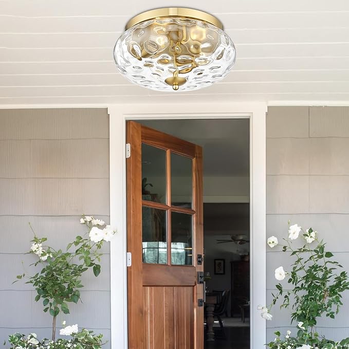 Darkaway Large Ceiling Light Fixtures, 3-Light Flush Mount Indoor Outdoor Ceiling Light with Water Ripple Glass Shade for Hallway Kitchen Bedroom Porch Living Room Gold Finish