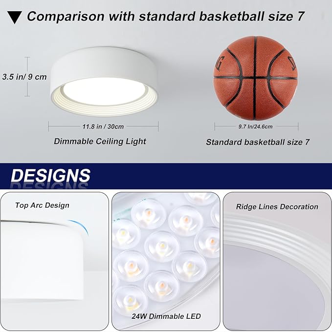 Dimmable Led Flush Mount Ceiling Light,11.8 Inch Round White Lighting Fixtures,5CCT 3000K-6000K Modern Close to Ceiling Lights for Kitchen,Hallway,Entryway,Laundry Room