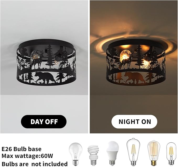 Rustic Farmhouse Flush Mount Ceiling Light with Deer & Bear Design, 2-Light E26 Round Metal Fixture for Kitchen, Bedroom, Foyer, Entryway, and Lodge (Bulbs Not Included)