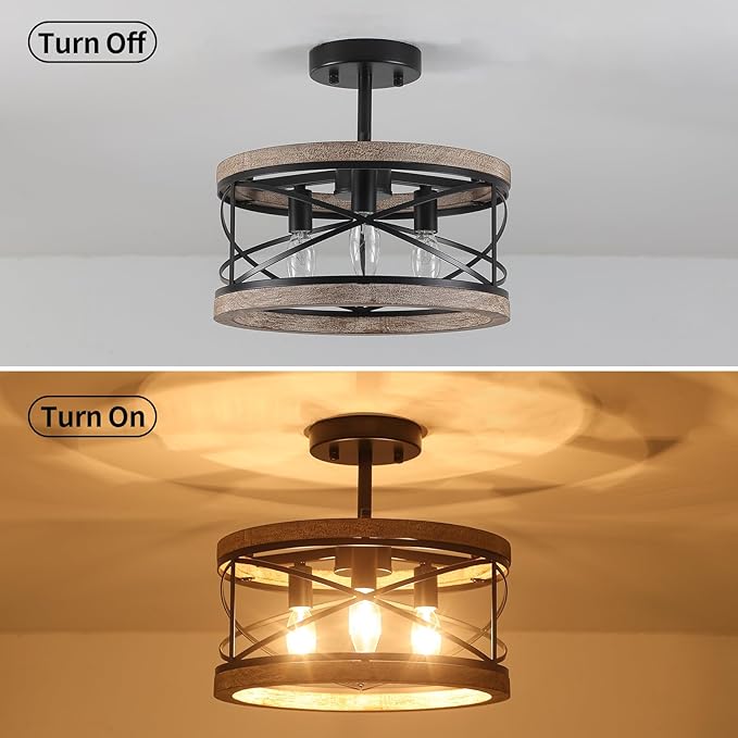 Farmhouse Flush Mount Ceiling Light Fixture, 3-Light Rustic Ceiling Lights Round Drum Metal Industrial Entryway Light Fixture for Hallway Living Room Bathroom Dining Room Kitchen