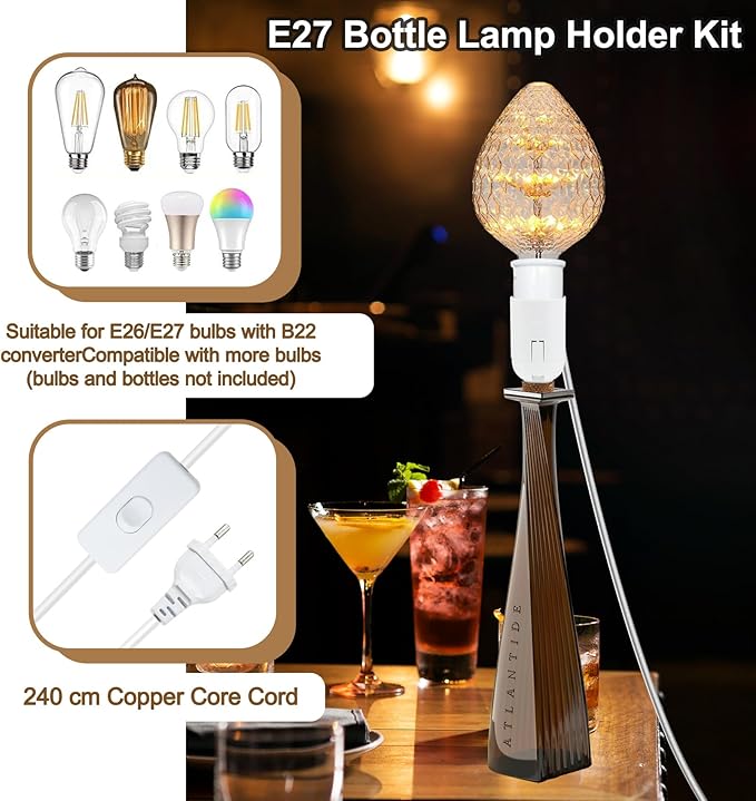 2 Pack Bottle Lamp Kits, 240cm Wine Bottle Table Lamp, DIY Lamp Fittings Kit for Table Lamp with E26/E27 to B22 Converter 3 Sizes of Corks No Drilling (No Bulb)