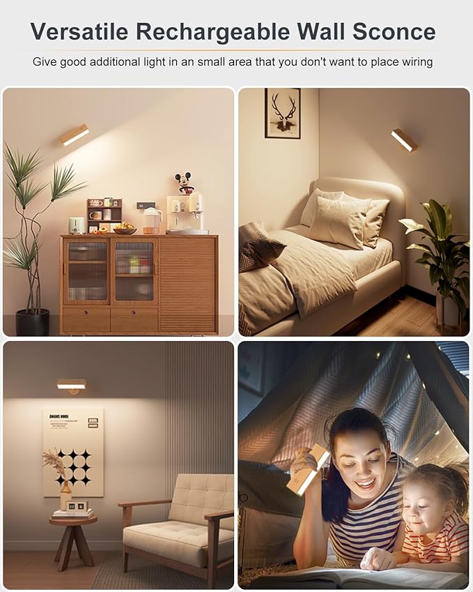 DetarZinLED Battery Operated Wall Sconces Set of 2,Rechargeable Wall Lights Wood,Stick On Wall Lights for Bedroom,Wall Mounted Bedside Reading Lamps Dimmable,Battery Powered Wall Lamp for Bedroom