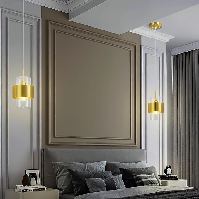 Modern Gold Pendant Lighting Indoor Kitchen Island Pendant Light Glass Shade Ceiling Light Fixtures for Bedroom Dining Room Living Room(2-Pack)