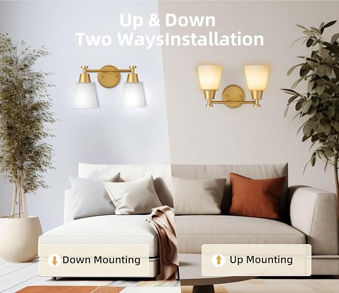 2 Light BathroomVanity Lights, Brushed Gold Wall Sconce Light with Frosted Glass, Bathroom Over Mirror Light Fixtures for Living Room, Bedroom, Hallway