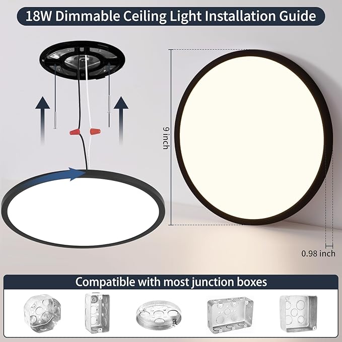 9 Inch Flush Mount Ceiling Light, 5 Color Adjustable Slim 18W 1800LM 2700K-6500K Wired LED Fixture, Modern Low Profile LED Ceiling Lamp for Hallways, Kitchen, Bedroom, Closets, Bathroom, Round, Black