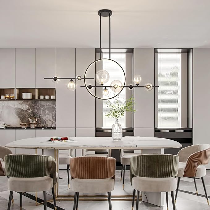 KELUOLY 10 Lights Modern Pendant Light Fixtures, 54" Black Dimmable Mid-Century Dining Room Large Bubble Chandeliers, Linear Kitchen Island Lights with Spherical Clear Glass Shade for bar, Cafe