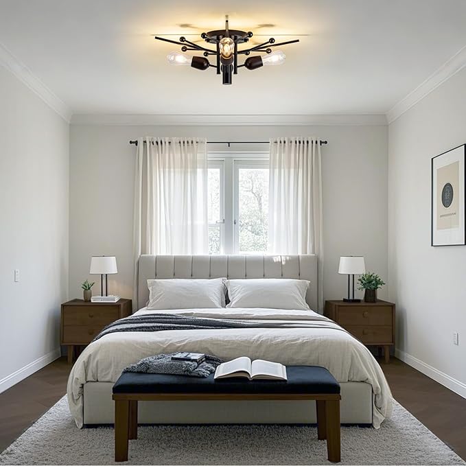 4 Light Sputnik Light Fixture Black Flush Mount Lights Industrial Ceiling Light Wood 25.24" Modern Farmhouse Ceiling Lights for Kitchen Bedroom Bathroom Foyer Hallway(E26)