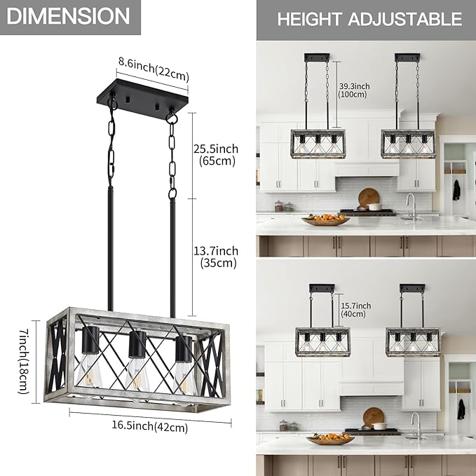KEESFU Farmhouse Kitchen Island Lighting Ceiling, 3 Lights Pendant Lighting Fixtures, Adjustable Height, Industrial Dining Room Light