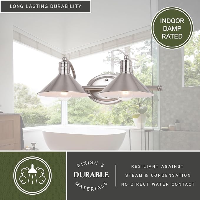 VAXCEL Akron 2-Light 18 inch Wide Satin Nickel and Matte White Farmhouse Bathroom Vanity Lighting Fixture, Metal Shade, Dimmable, LED Compatible, Over The Mirror Mounted Steel Wall Sconce