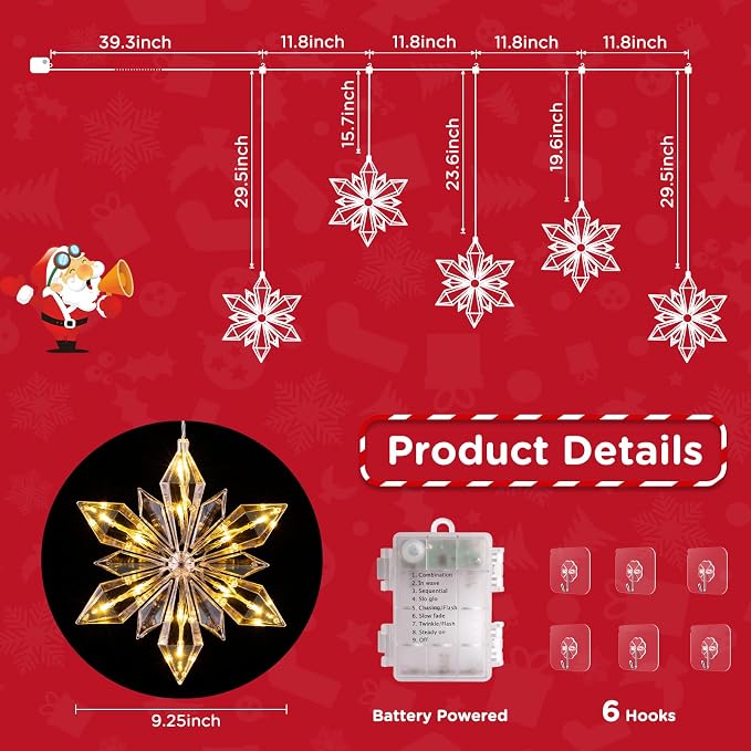 Marchpower Christmas Snowflake Window Lights, 5Pack 60LED Battery Powered Christmas Window Lights, Waterproof Snowflake Curtain Lights with Timer & 8 Modes for Indoor Outdoor Xmas Decor
