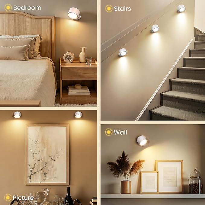 LED Wall Mounted Lamps, Battery Operated Rechargeable Wall Lights, 3CCT & Dimmable, 360°Rotation with Magnetic Ball, Cordless Wall Sconces for Picture Bedside Bedroom Reading, White-2 Pack